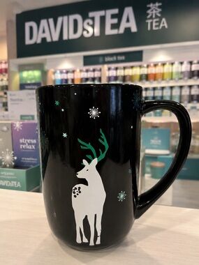 DAVIDsTEA Black Reindeer Christmas Holiday Ceramic Mug Winter Deer Snowflakes